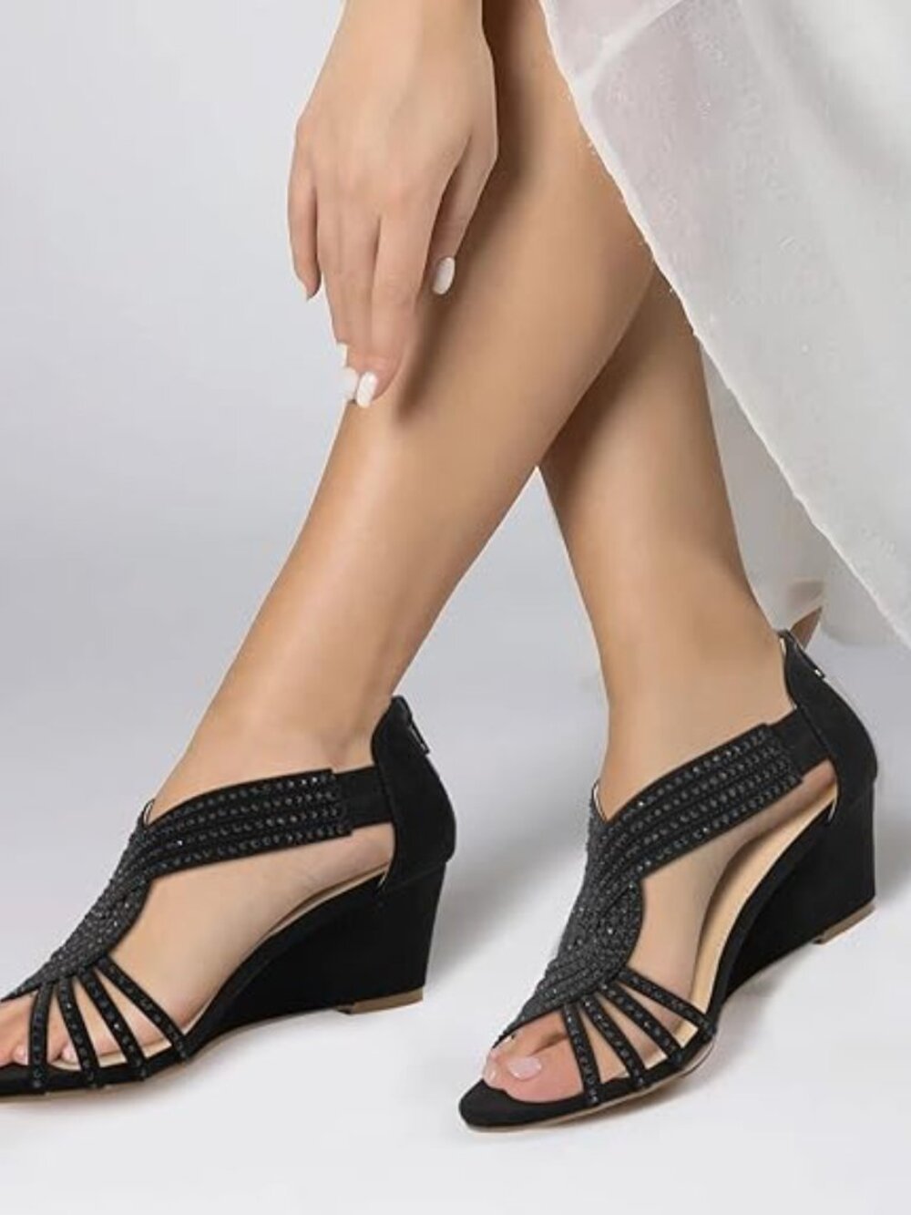 Women's Diana Low Wedge Sandals Sparkly Rhinestone Open Toe Fashion Dress Shoes